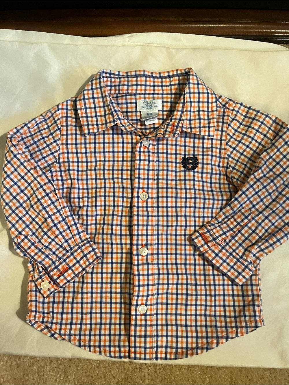 CHAPS Boys Long Sleeved Plaid Shirt Top Size 6 months Orange Blue Gator Colors